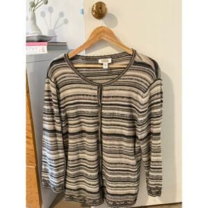 Talbots Striped Knit Cardigan Neutral Brown Beige Button Front Sweater XL 🤎